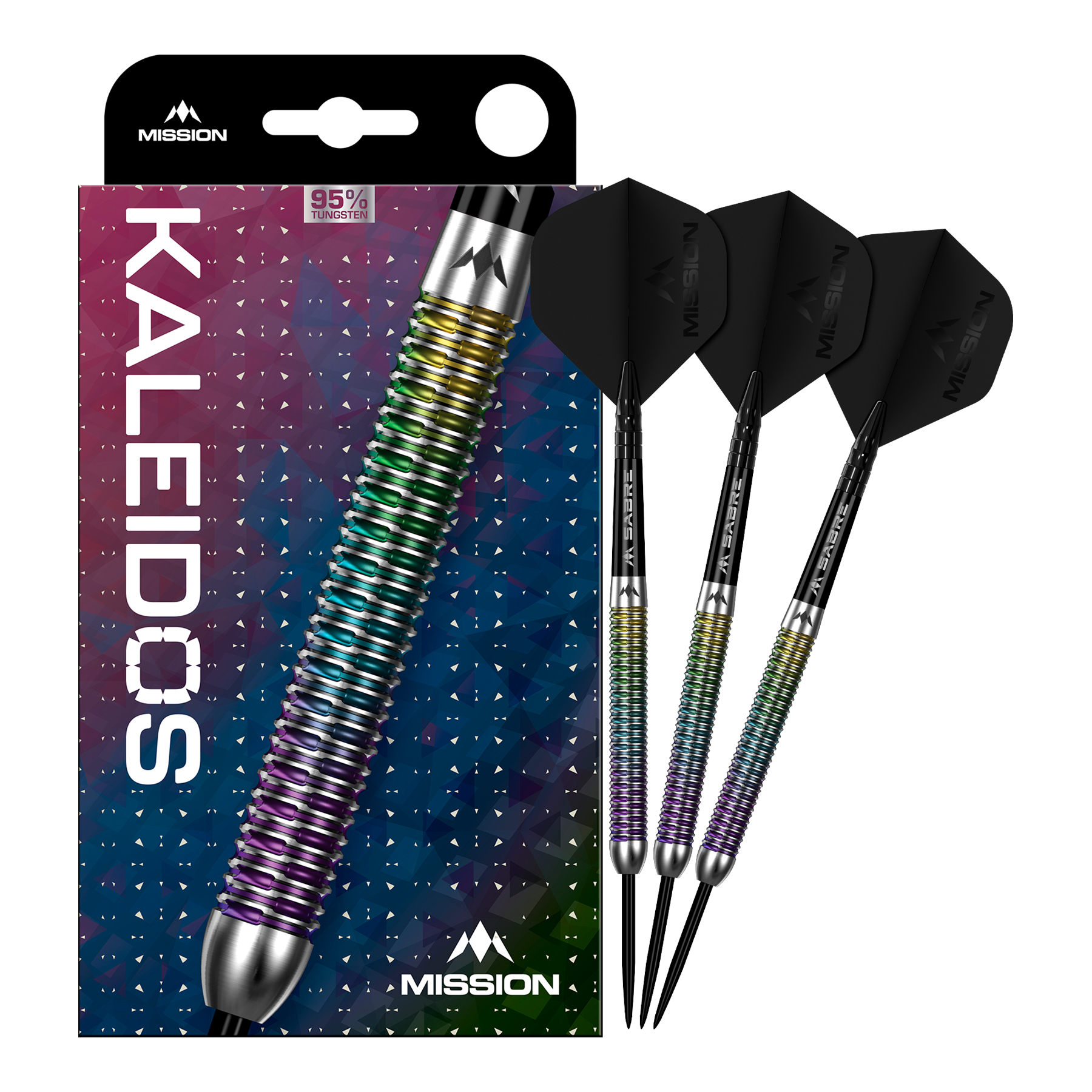 Mission Kaleidos Steeldarts Das Produkt Mission Kaleidos Steeldarts ist vollständig dargestellt. Die Abbildung ermöglicht einen Überblick über das komplette Dart-Set.