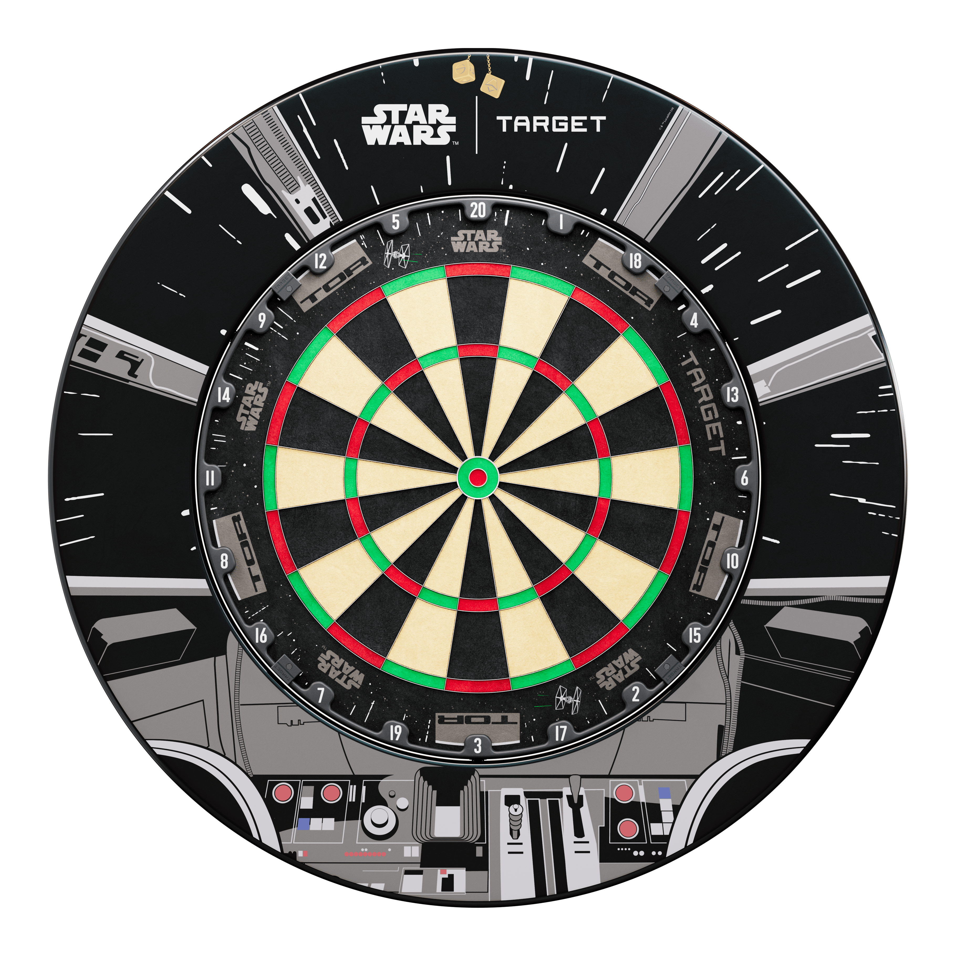 Target Star Wars Millennium Falcon TOR Dartboard Surround Bundle Dieses Bild zeigt das Target Star Wars Millennium Falcon Surround Board Bundle. Es handelt sich um ein spezielles Bundle für Dartliebhaber und Star Wars Fans.