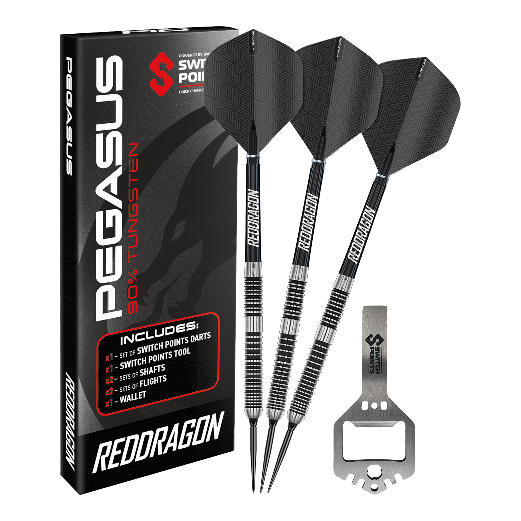 Red Dragon Pegasus Switch Point Steel Darts Abgebildet sind Red Dragon Pegasus Switch Point Steeldarts. Diese Darts sind robust und für verschiedene Spielniveaus geeignet.