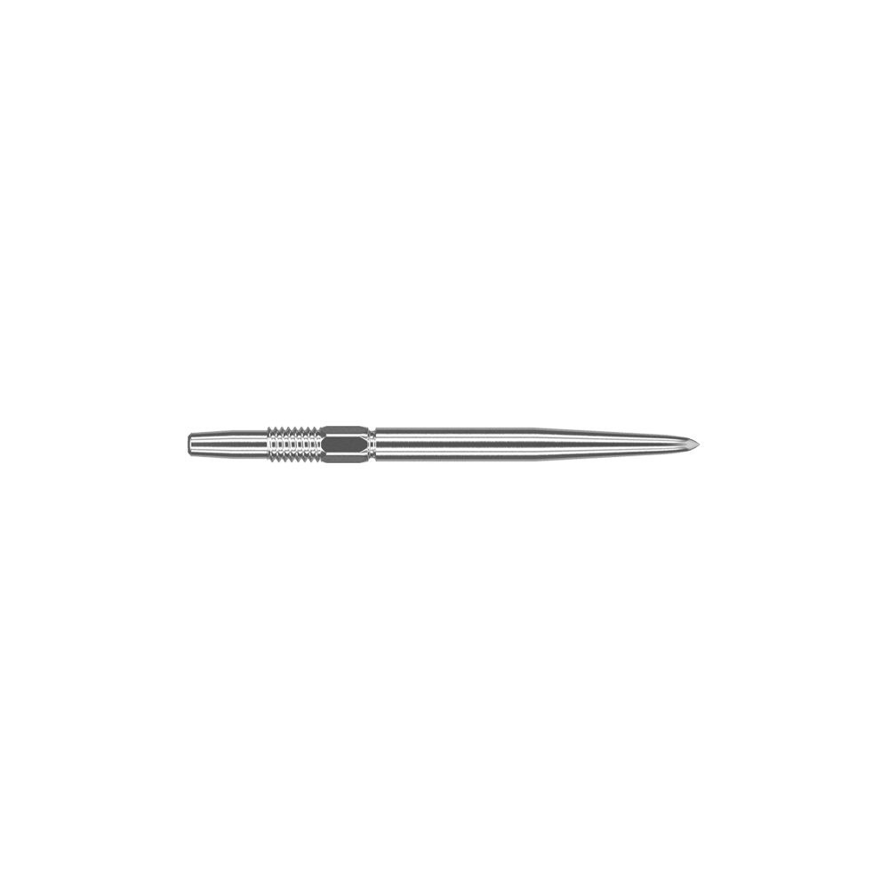 Target Swiss Point Silver dart tips Auf dem Bild ist eine silberne Dartspitze zu sehen. Sie ist schmal, metallisch und hat eine Länge von 26 mm.