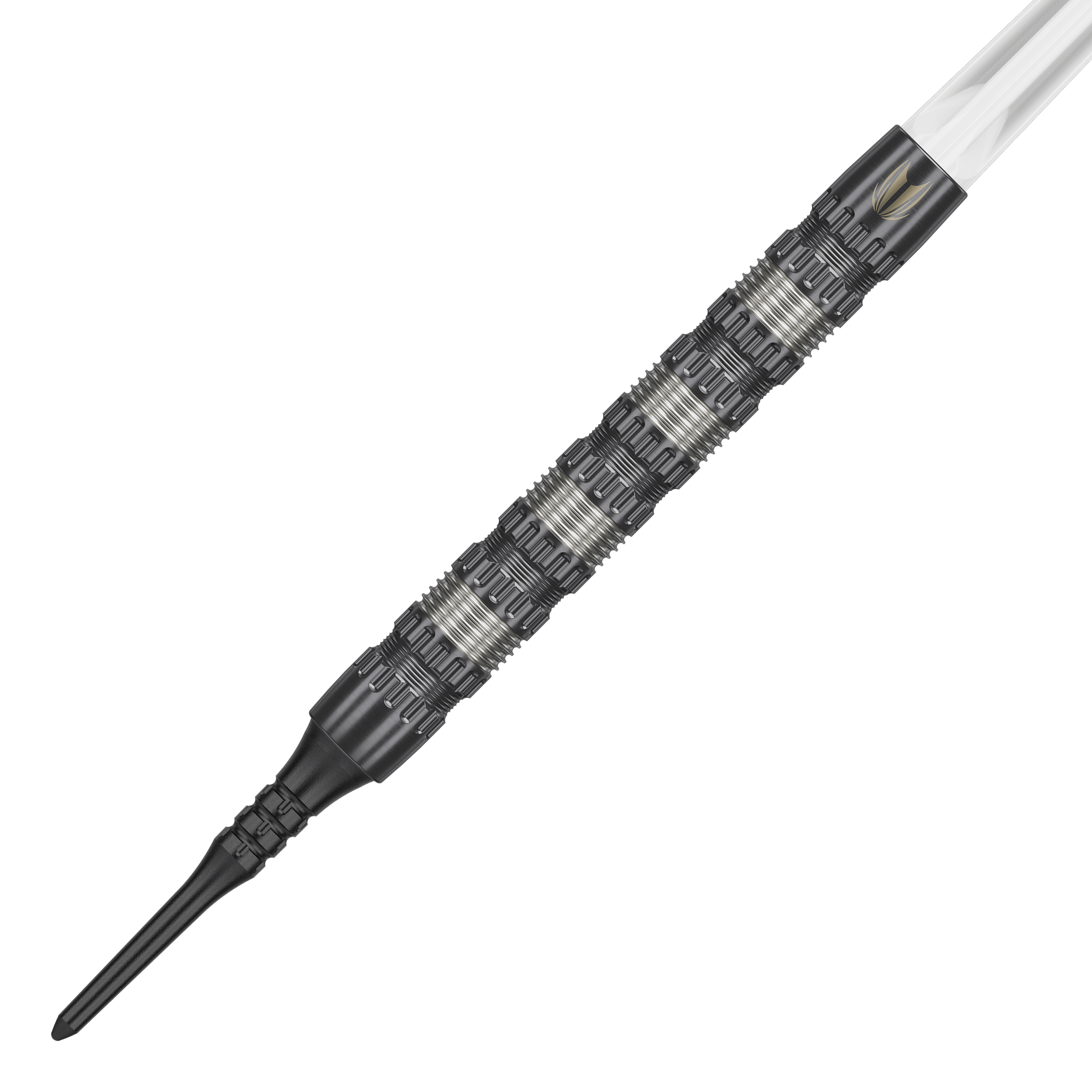 Target Rob Cross 95K Swiss Point Soft Darts - 18g Das Bild zeigt einen Target Rob Cross 95K Swiss Point Softdart mit einem Gewicht von 18 Gramm. Der Dartpfeil hat ein markantes, silber-schwarzes Griffdesign und eine schwarze Softspitze.