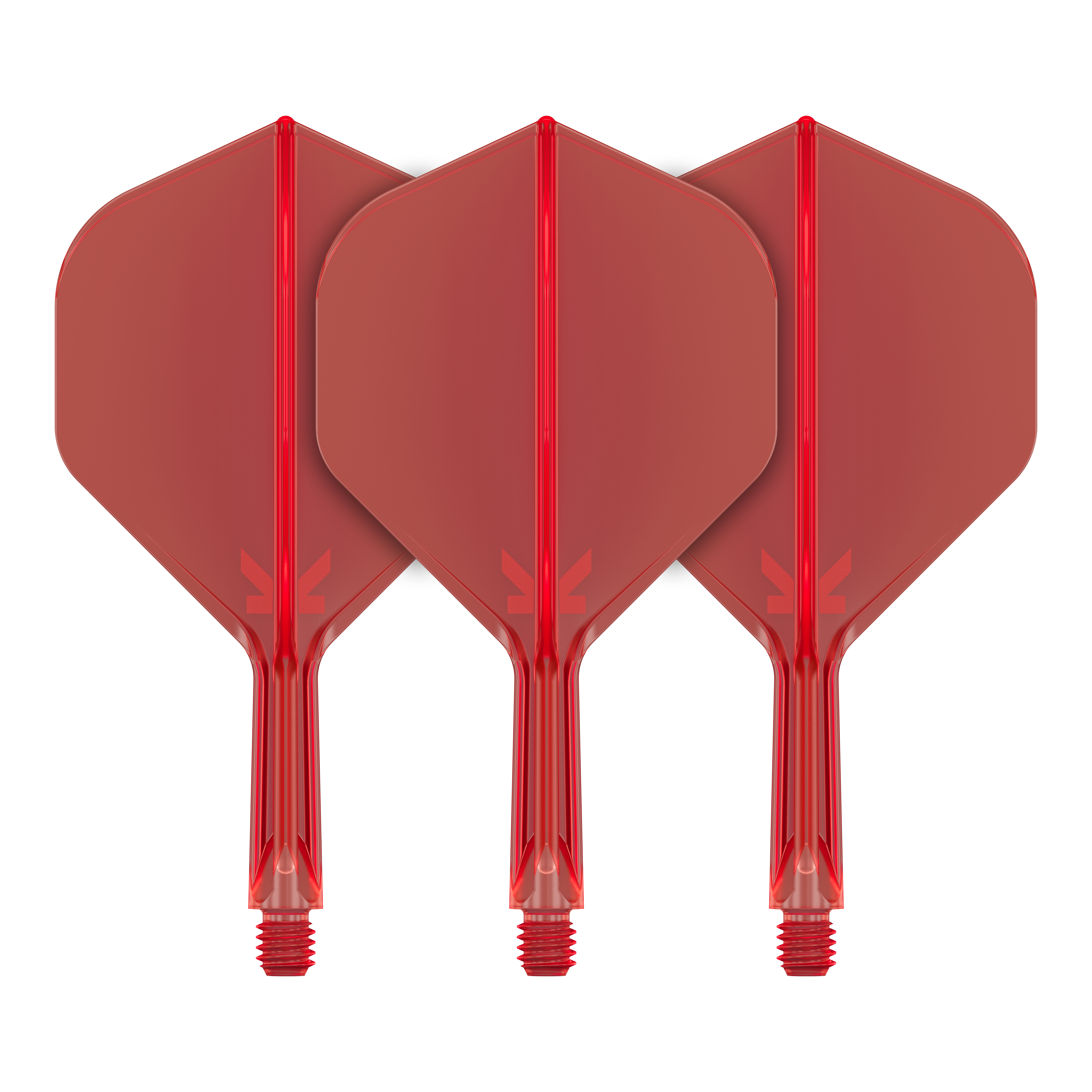 Target K-Flex No2 Standard Flight System - Red Auf dem Bild sind drei rote Dartflights mit befestigtem Schaft zu sehen. Sie stehen nebeneinander und haben eine standardmäßige Pfeilform.