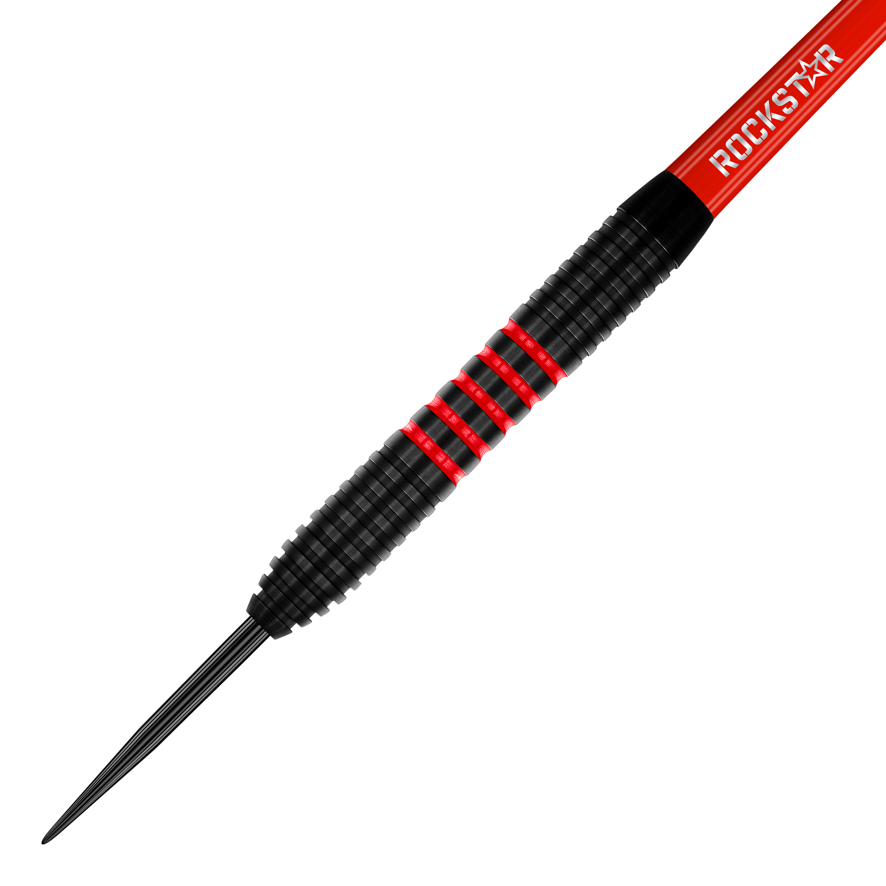 Winmau Joe Cullen Brass Steeldarts - 20g Das Bild zeigt einen Winmau Joe Cullen Brass Steeldart mit einem Gewicht von 20g. Der Dart ist überwiegend schwarz mit roten Ringen und dem Schriftzug "ROCKSTAR" auf dem Schaft.