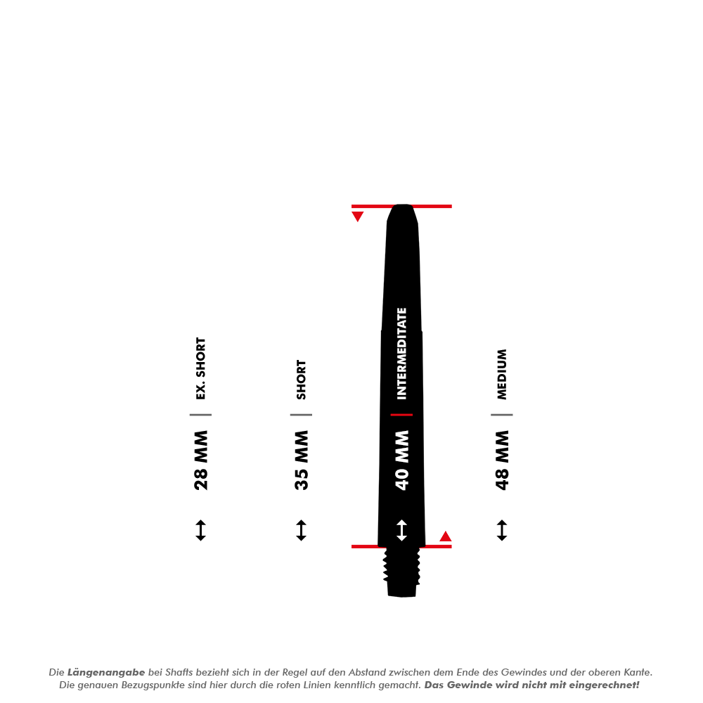 565_Nylon_Shafts_5_40mmlDvdXra0FsqIE Das Bild zeigt verschiedene Längenoptionen der Nylon Shafts "Schneeweiß", von Ex. Short (28 mm) bis Medium (48 mm). Die Längenangabe bezieht sich auf den Abstand zwischen dem Ende des Gewindes und der oberen Kante und schließt das Gewinde nicht ein.