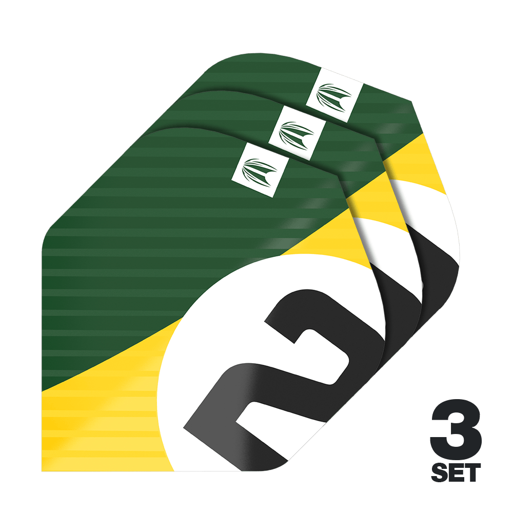 Target Pro Ultra Chicane Green No2 Standard Flights - 3 sets Das Bild zeigt drei Sets der Target Pro Ultra Chicane Green No2 Standard Flights. Die Flights sind grün mit gelben und weißen Akzenten sowie einer großen schwarzen „2“ bedruckt.