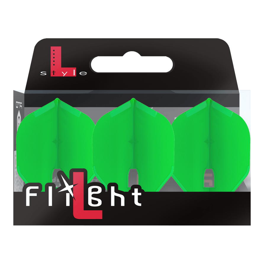 L-Style Champagne L1PRO Flights Die Abbildung zeigt eine Verpackung mit drei grünen Dartflights. Auf der Verpackung steht "L-Style Flight" in weißer und roter Schrift.