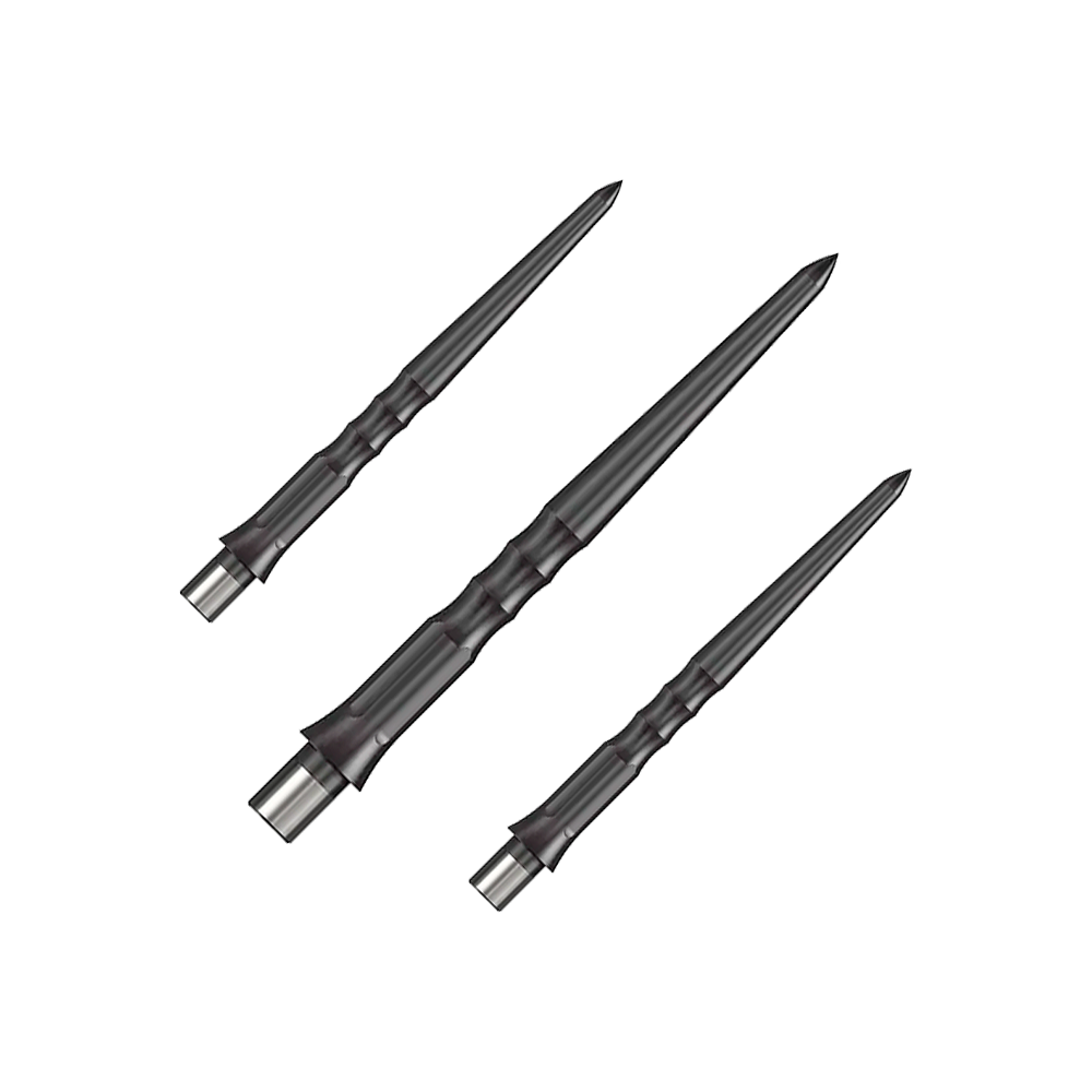 Caliburn System Steeldart Tips - Ripple - NoLip - Black Auf dem Bild sind drei schwarze Stahlspitzen für Dartpfeile zu sehen. Sie haben ein geriffeltes Design und sind 28 mm lang.
