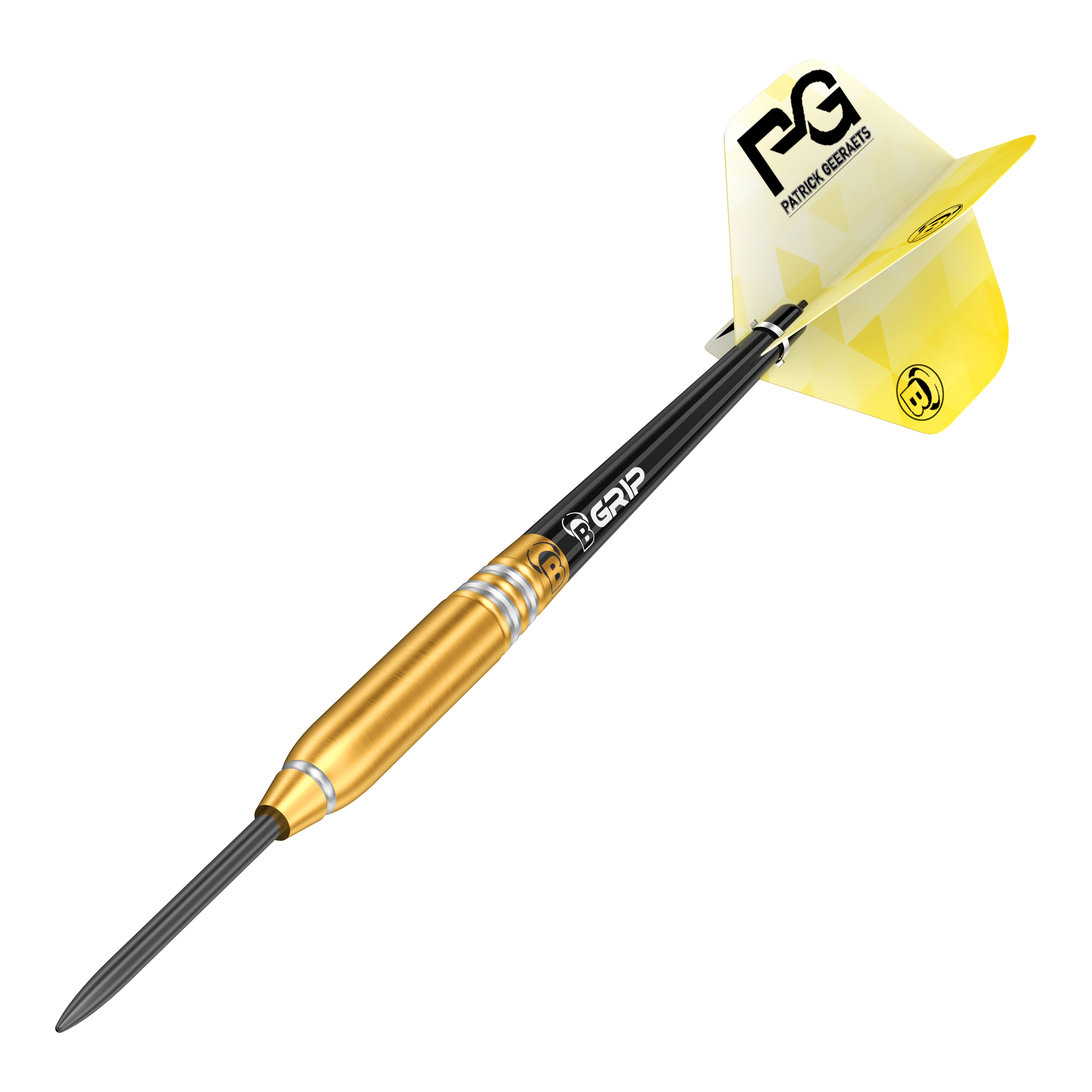Bulls Patrick Geeraets Steeldarts - 23g Das Bild zeigt einen Bulls Patrick Geeraets Steeldart mit einem Gewicht von 23 Gramm. Der Dartpfeil hat einen goldfarbenen Barrel und gelbe Flights.