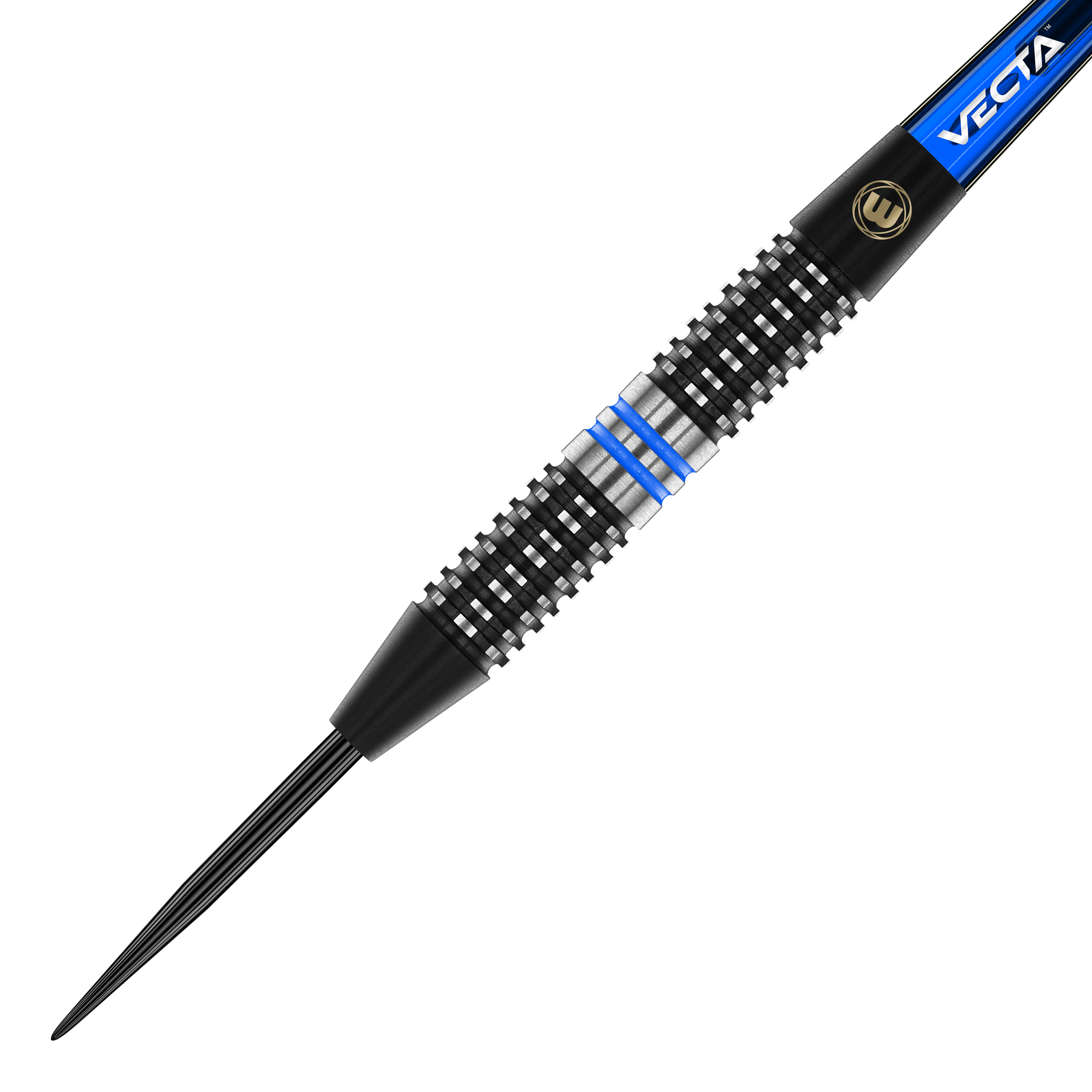 Winmau Galactics Steeldarts Das Bild zeigt einen Winmau Galactics Steeldart. Der Dart hat ein schwarzes und silbernes Griffstück mit blauen Ringen.