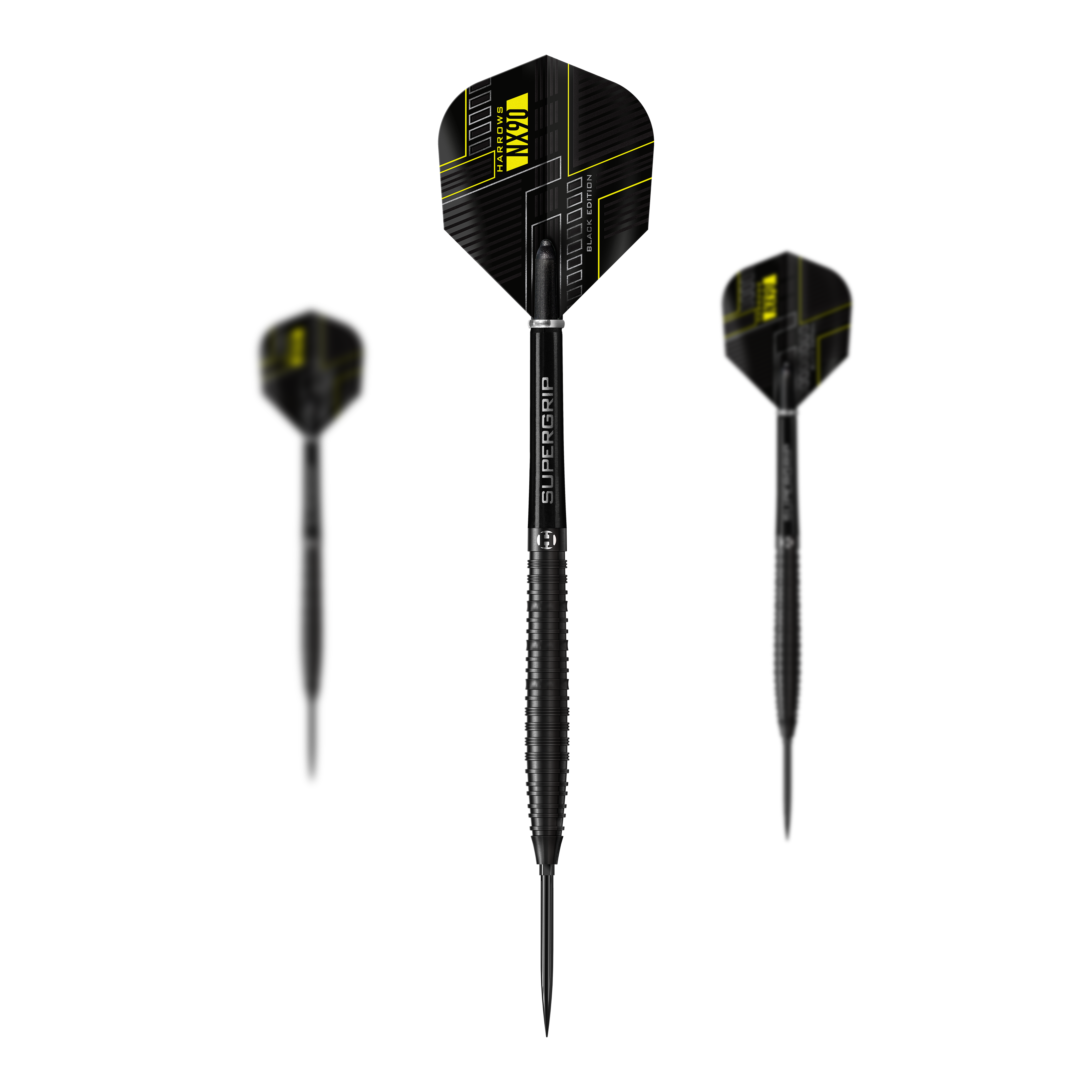 Abgebildet sind die Harrows NX90 Black Edition Tapered Quick Point Steeldarts als Set. Das Bild zeigt die Zusammenstellung der Darts.