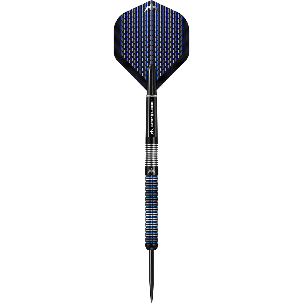 Mission Nightfall Model 1 steel darts Das Bild zeigt einen Mission Nightfall Model 1 Steeldart. Der Dart hat ein modernes Design mit schwarzen und blauen Akzenten.