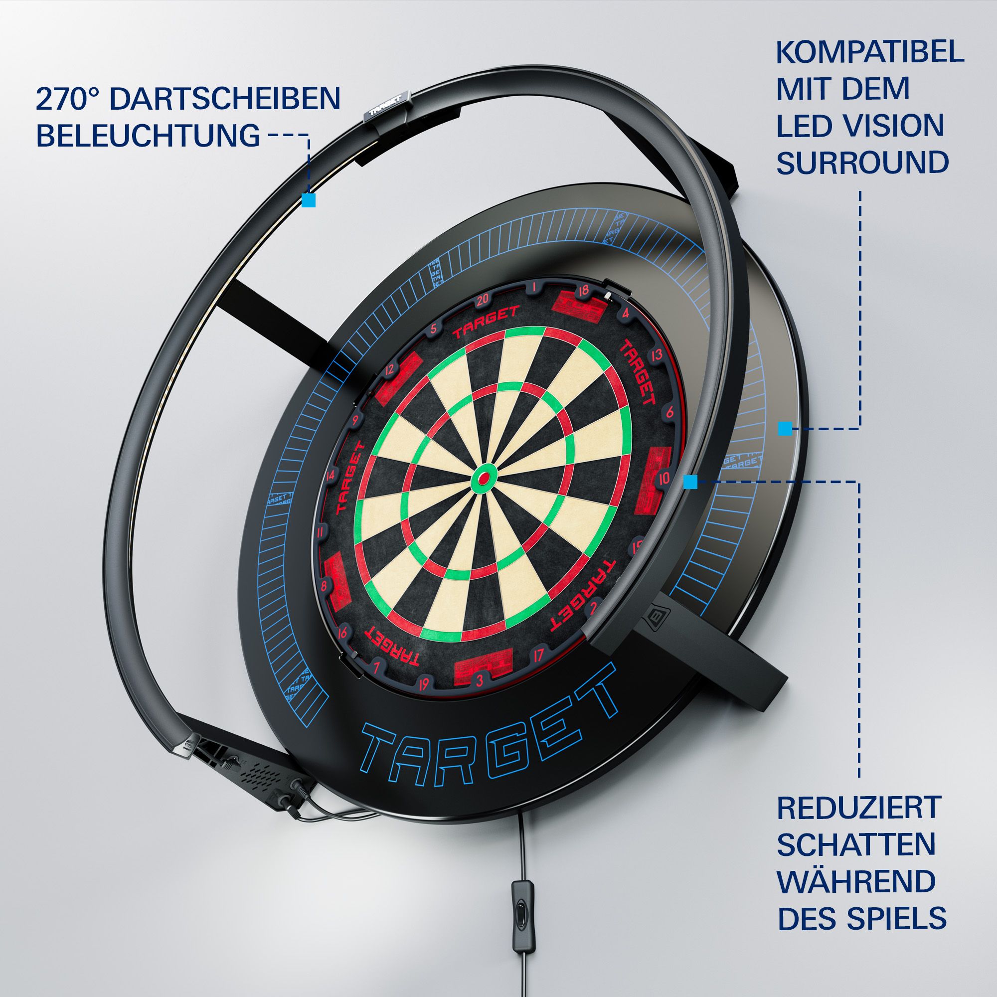 Target Corona Vision 2 lighting system Zu sehen ist das Target Corona Vision 2 Beleuchtungssystem. Die Komponenten sind auf einem Tisch dargestellt.