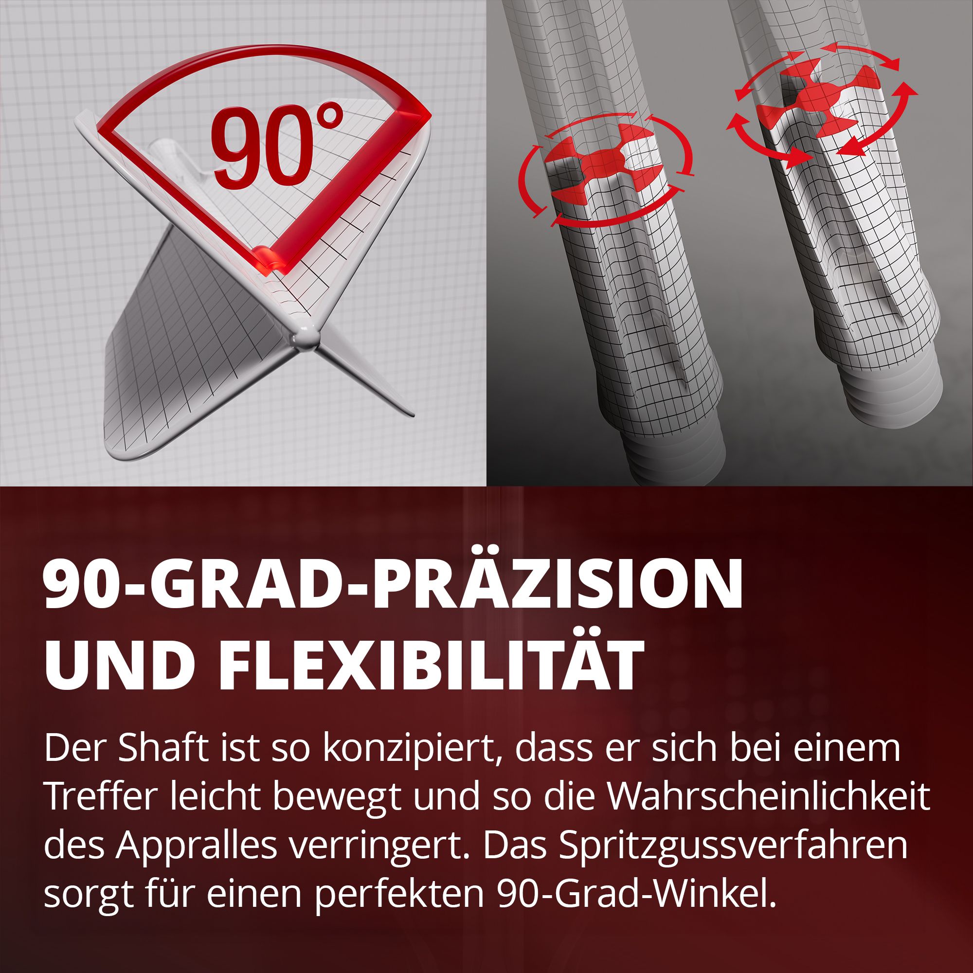 Target K-Flex Gabriel Clemens No2 Standard Flight Shaft System Das Bild zeigt eine Grafik mit einem 90-Grad-Winkel und einer flexiblen Bewegung von zwei Schäften. Darunter steht ein Text, der die Präzision und Flexibilität des Designs beschreibt.
