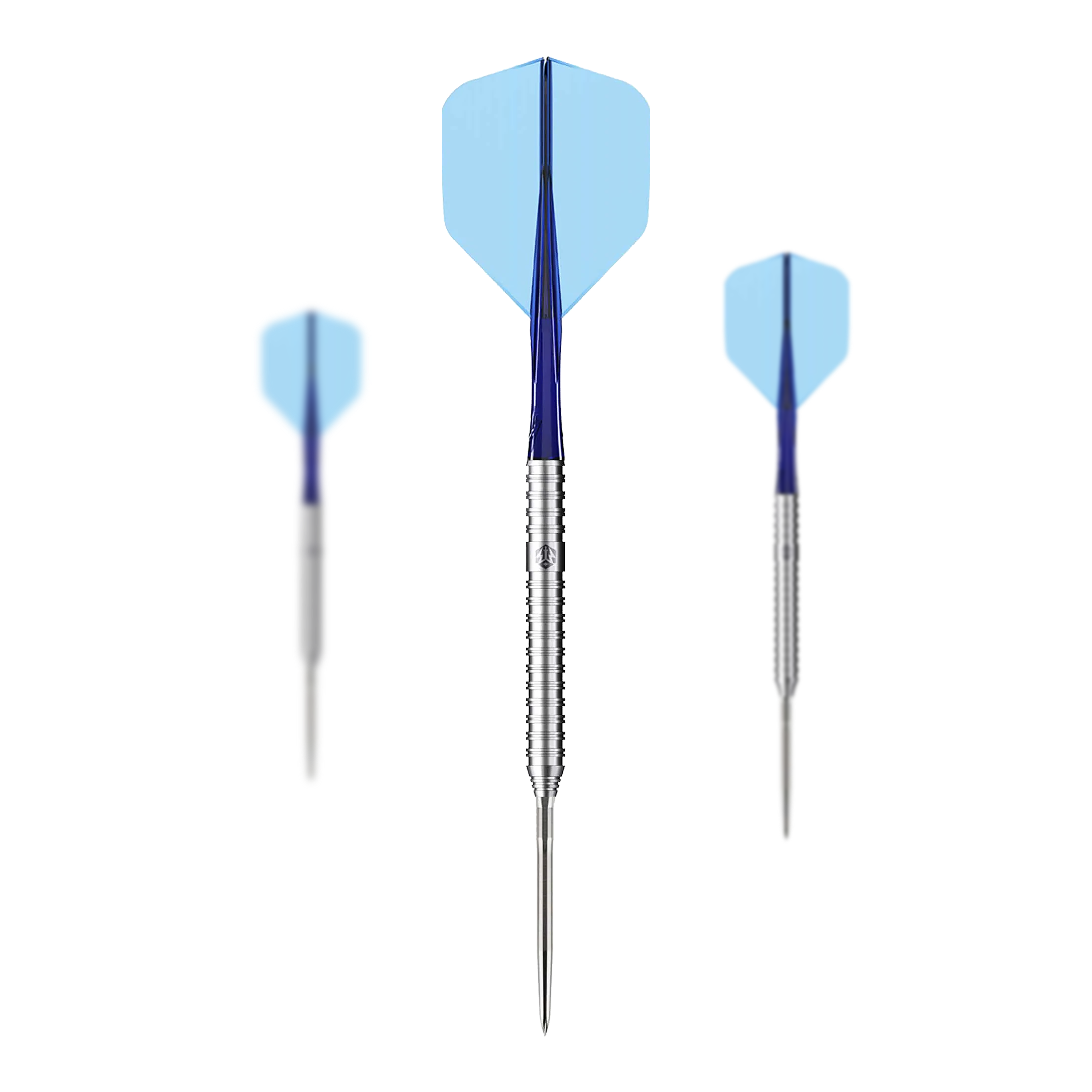 Caliburn Forge F3 steel darts - 22g Das Bild zeigt drei Caliburn Forge F3 Steeldarts mit einem Gewicht von 22g. Die Darts haben blaue Flights und silberne, gerillte Spitzen.