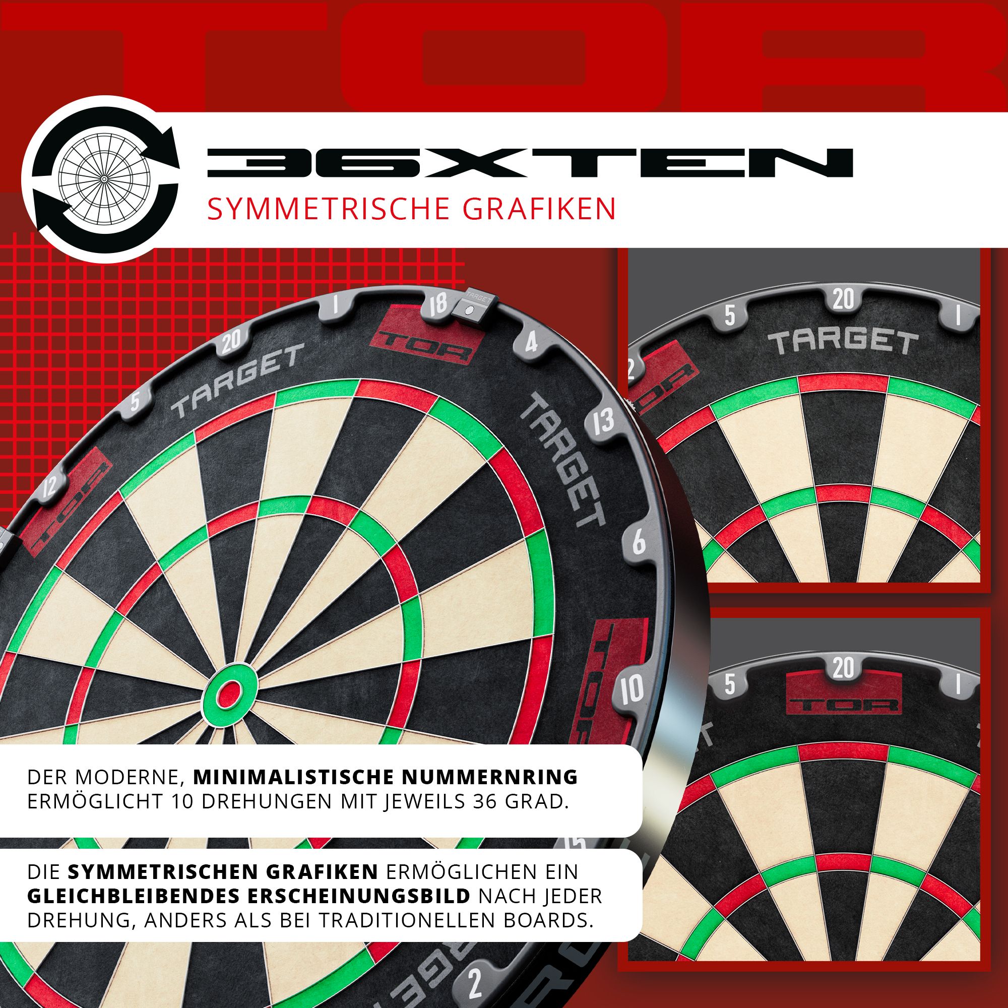 Target TOR Steel Dartboard Das Bild zeigt das Produkt "Target TOR Steeldartboard" mit modernem, minimalistischem Nummernring. Die symmetrischen Grafiken sorgen für ein gleichbleibendes Erscheinungsbild nach jeder Drehung.