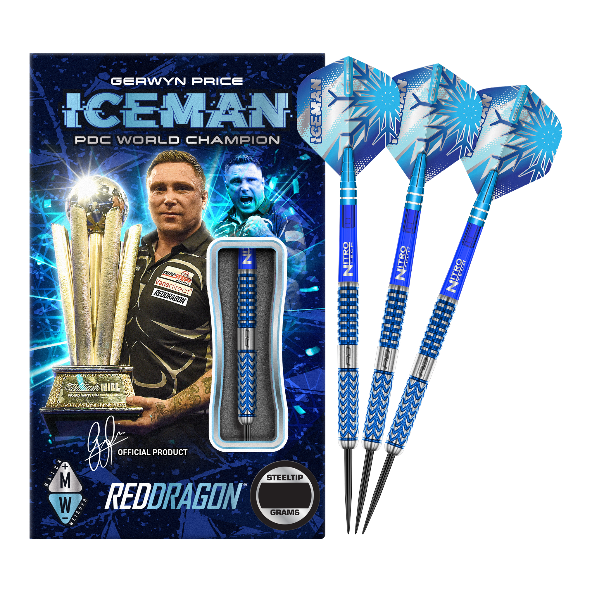 Red Dragon Gerwyn Price Glacier steel darts Das Bild zeigt das Produkt "Red Dragon Gerwyn Price Glacier Steeldarts" in einer auffälligen blauen Verpackung mit einem Bild von Gerwyn Price und einer Trophäe. Rechts daneben sind drei blaue Steeldarts mit dem Namen "ICEMAN" auf den Flights zu sehen.