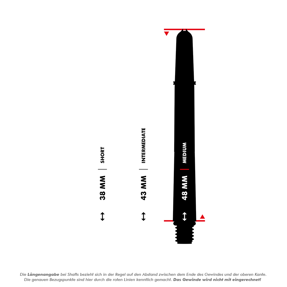 Target Pro Grip EVO Raymond Van Barneveld Chrono Titanium Shafts Dieses Bild zeigt drei verschiedene Längen von Dartshafts: 38 mm (Short), 43 mm (Intermediate) und 48 mm (Medium). Die roten Linien markieren die genauen Bezugspunkte zur Längenmessung, wobei das Gewinde nicht mit einberechnet wird.