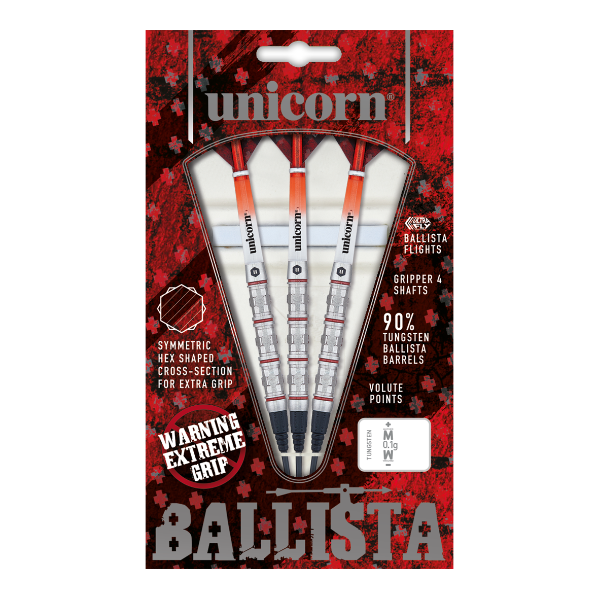 Unicorn Ballista Style 4 soft darts Das Bild zeigt die „Unicorn Ballista Style 4 Softdarts“ in einer rot-schwarzen Verpackung. Drei Softdarts mit auffälliger Griffstruktur und Zubehör sind sichtbar angeordnet.