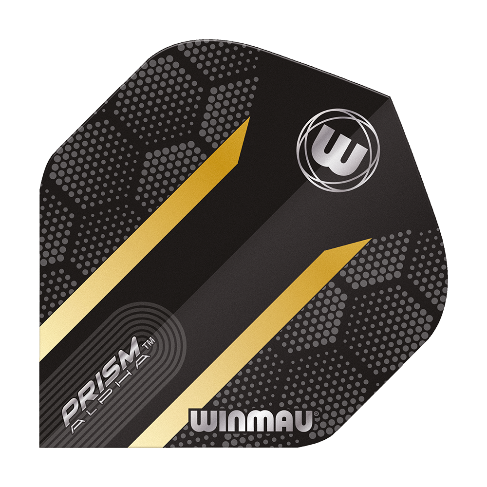 6915-185_Winmau_Prism_Alpha_Gold_Standard_Flights_1jYzN9CsF7kjZ5 Das Bild zeigt das Produkt "Winmau Prism Alpha Gold Standard Flights". Es ist schwarz mit goldenen Streifen und einem modernen, punktierten Muster gestaltet.