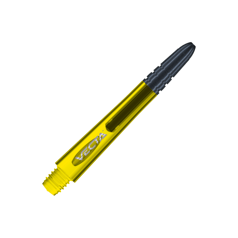 7025-206_Winmau_Vecta_Shafts_Gelb_40mm_2 Auf dem Bild ist ein Winmau Vecta Shaft in Gelb zu sehen. Der Schaft hat einen transparenten gelben Körper mit einem schwarzen Ende.