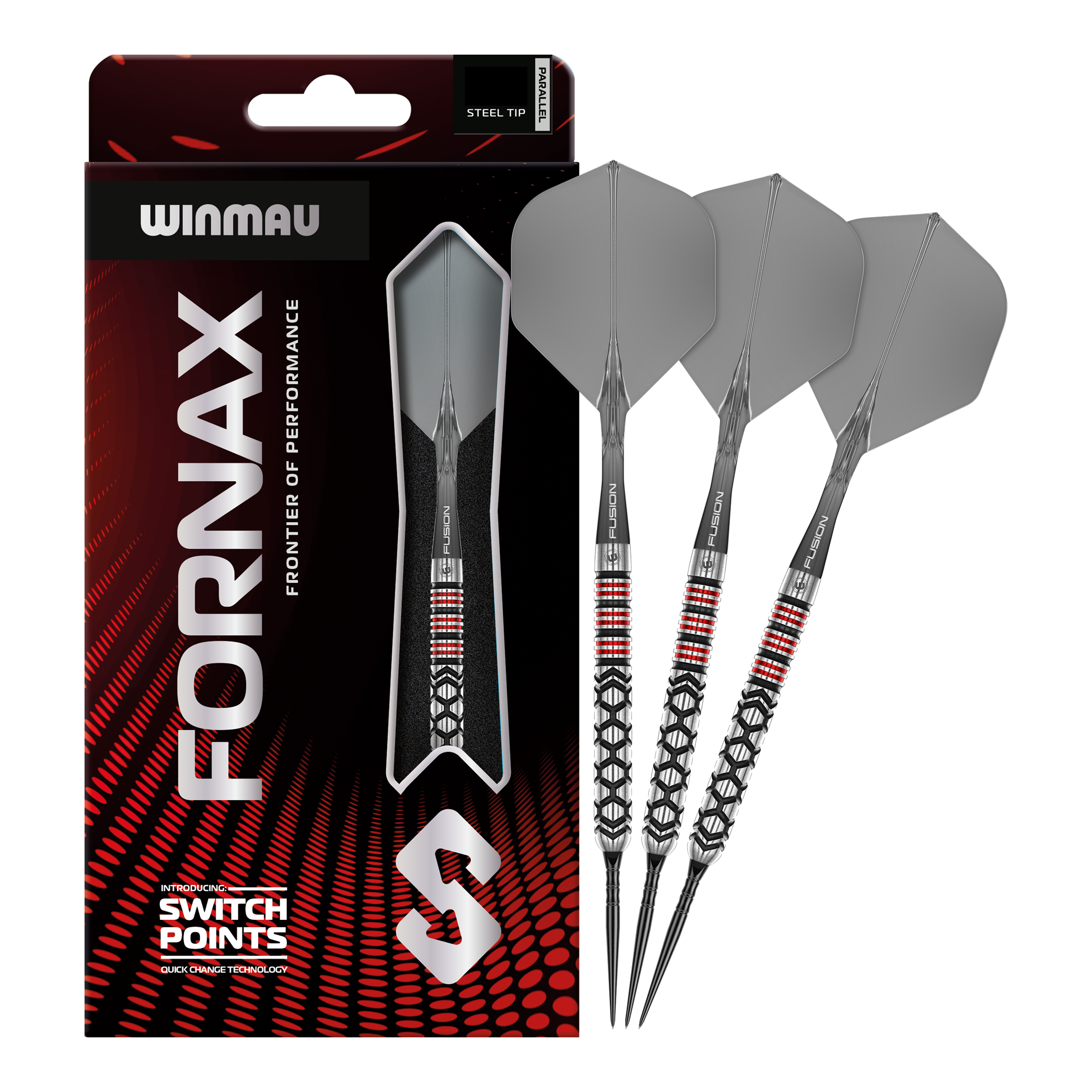 Zu sehen sind Winmau Fornax Parallel Switch Point Steeldarts in kompletter Ansicht. Diese Darts zeichnen sich durch ihre spezielle Bauweise aus.