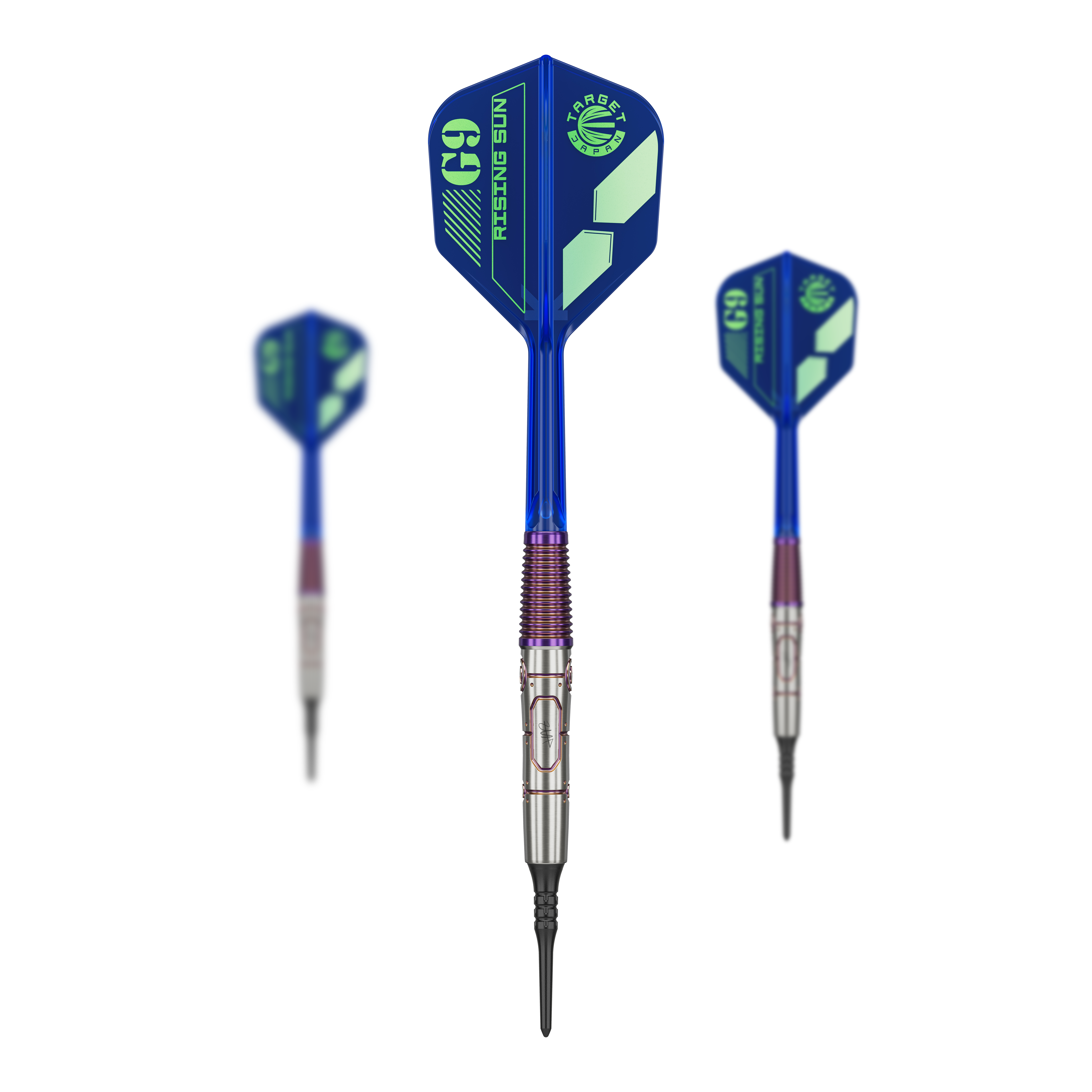 Target Japan Haruki Muramatsu Rising Sun GEN9 2BA Soft Darts - 21.5g Das Bild zeigt drei Softdarts der Marke Target Japan Haruki Muramatsu Rising Sun GEN9 2BA mit einem Gewicht von 21,5g. Die Darts haben blaue Flights mit grünem Aufdruck und silberne Spitzen.