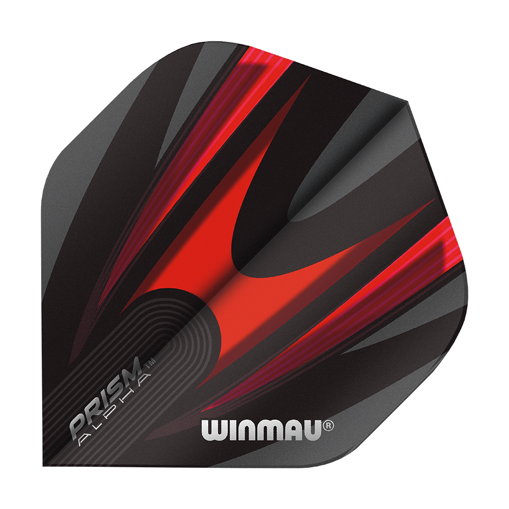 6915-167_Winmau_Prism_Alpha_6915-167_Standard_Flights_18nBaKODMf06sK Dies ist ein Winmau Prism Alpha 6915.167 Standard Flight für Darts. Das Flight hat ein auffälliges Design in Schwarz und Rot mit dem Winmau-Logo darauf.