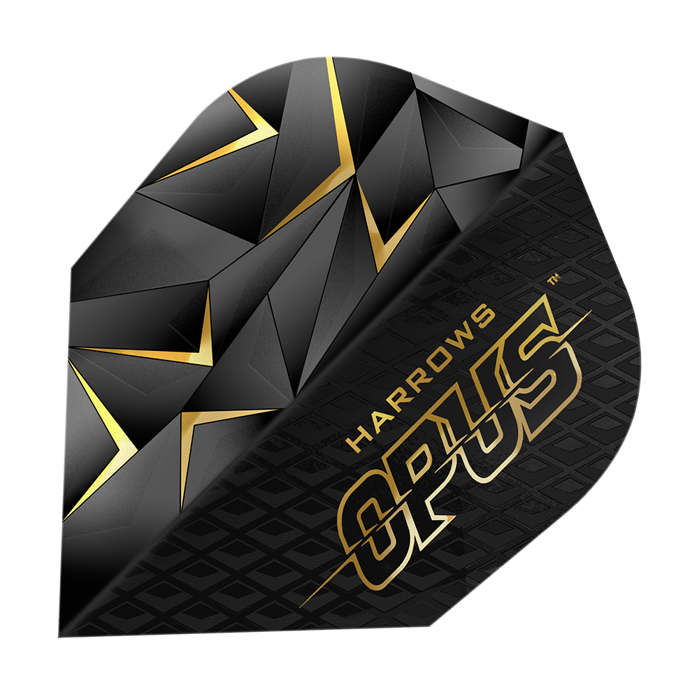 Harrow's Opus Version 3 Flights Das Bild zeigt ein Harrows Opus Version 3 Flight für Dartpfeile. Das Flight ist schwarz mit goldenen geometrischen Mustern und dem Schriftzug "Harrows Opus".