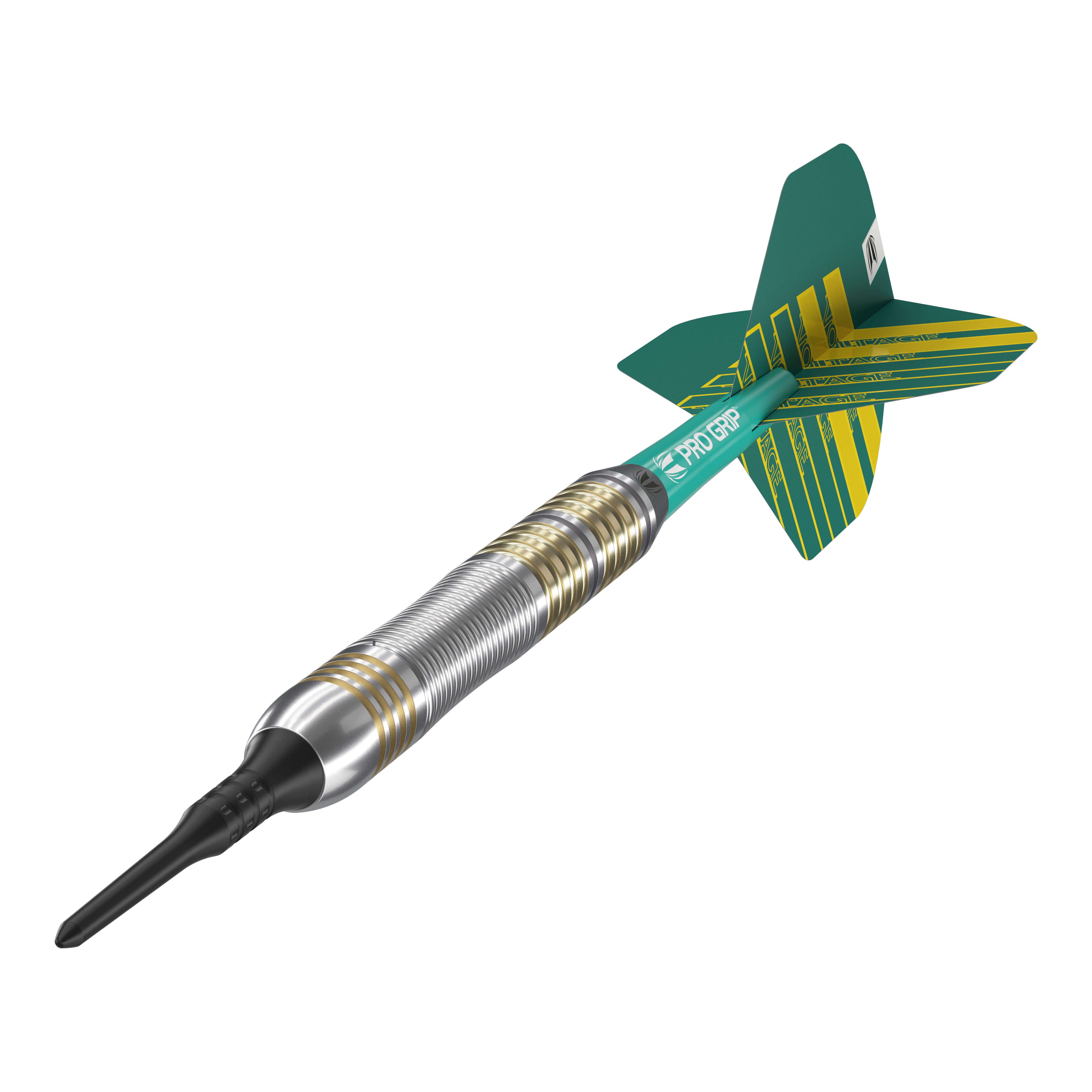 Target Rob Cross Brass Soft Darts - 18g Das Bild zeigt einen Target Rob Cross Brass Softdart mit einem Gewicht von 18 Gramm. Der Dart hat einen silbernen und goldenen Ringgriff sowie grüne Flights mit gelben Streifen.