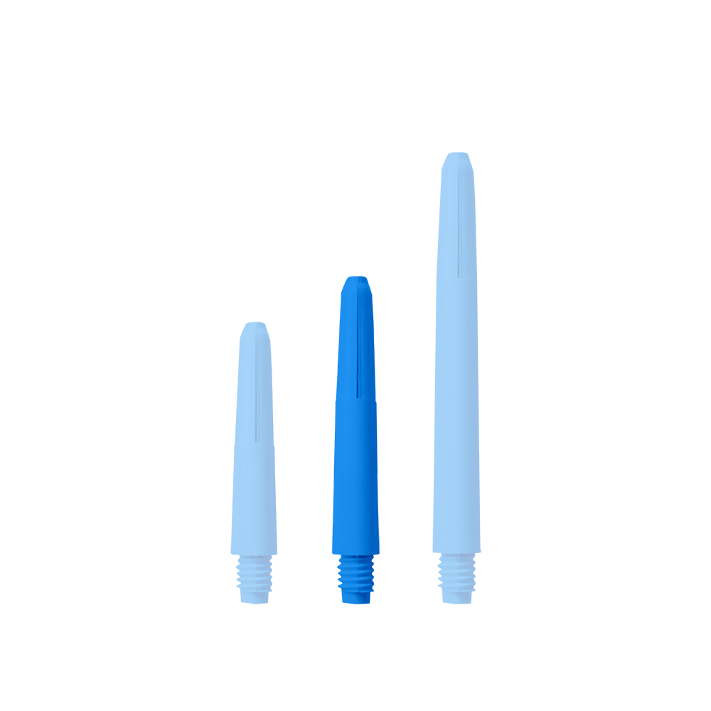 Das Bild zeigt drei blaue Nylon-Schäfte in unterschiedlichen Längen. Sie sind nebeneinander auf weißem Hintergrund angeordnet.