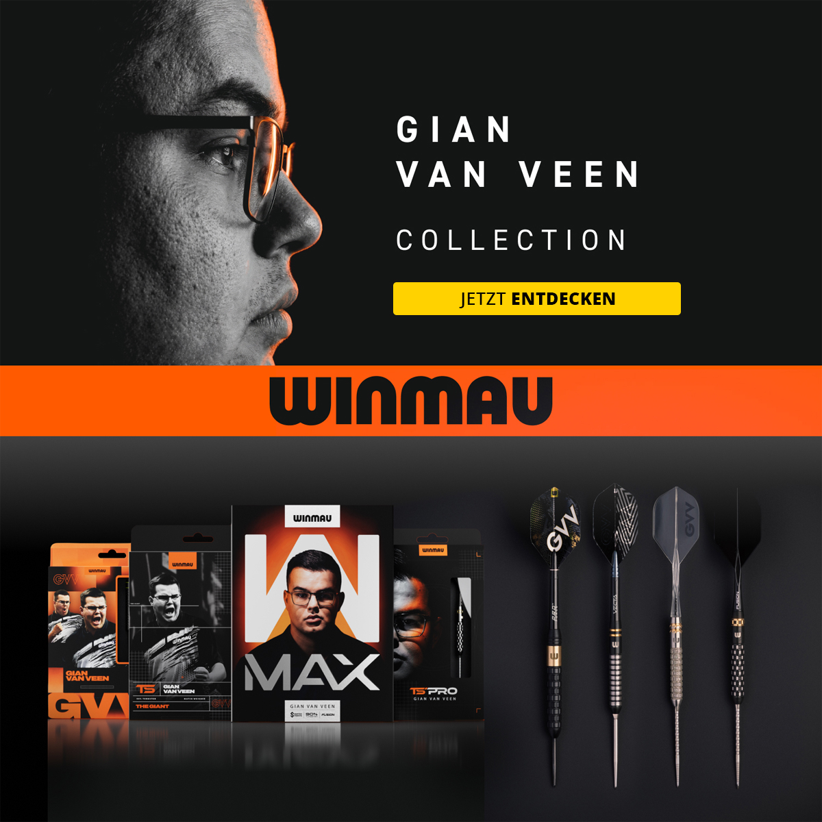 Das Bild zeigt die Winmau Gian Van Veen Kollektion. Eine Auswahl von Darts und Zubehör wird präsentiert.