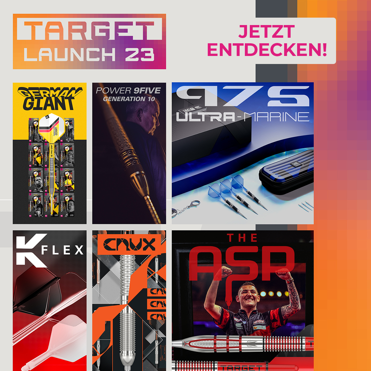 Das Bild zeigt verschiedene Werbegrafiken und Produkte im Zusammenhang mit dem "Target Launch 23". In der Mitte steht in großen Buchstaben "JETZT ENTDECKEN!", um zum Entdecken der neuen Produkte einzuladen.