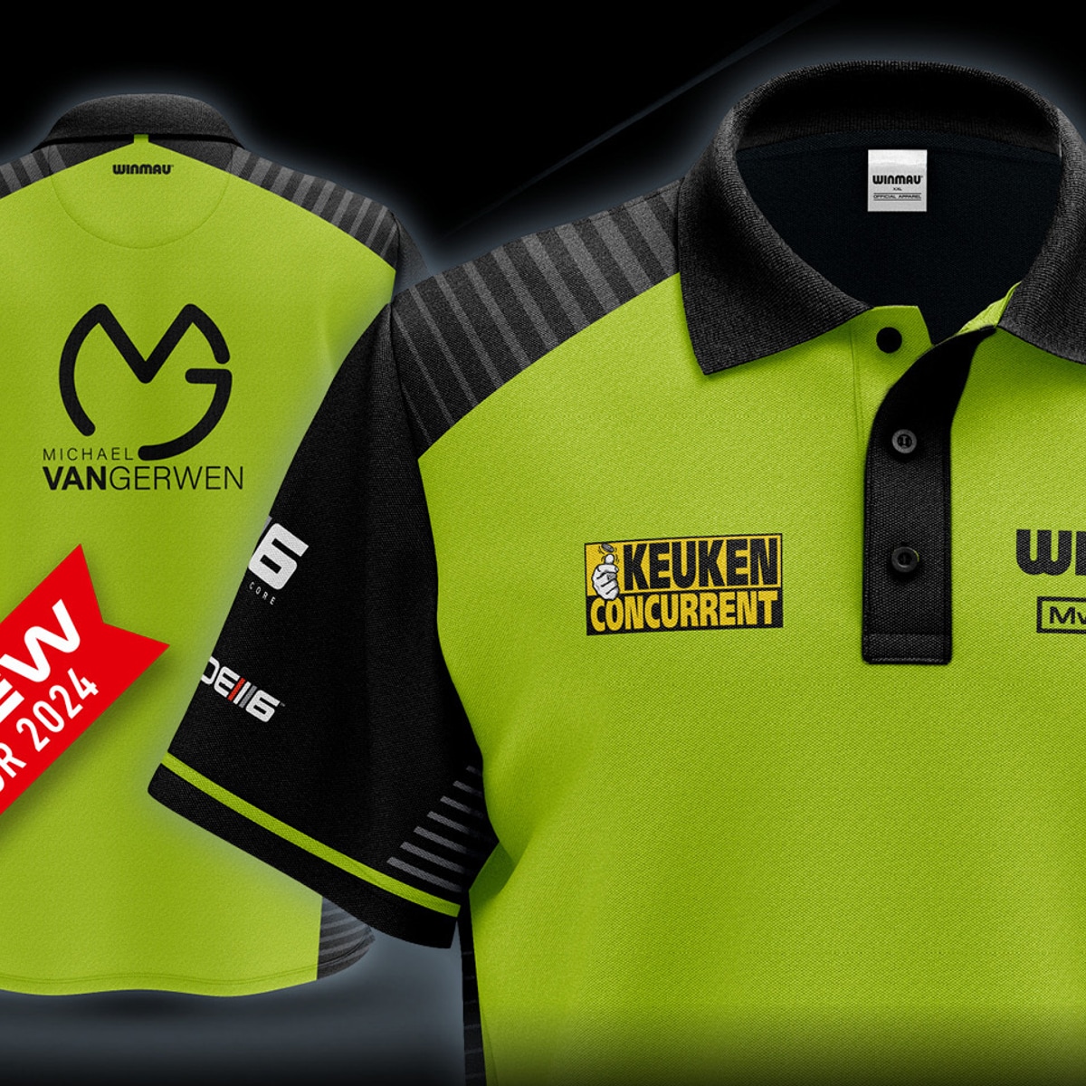 Das Bild zeigt ein Werbebanner für das MvG Design Tour Polo von Winmau, das in leuchtendem Grün und Schwarz gestaltet ist. Rechts steht eine Person im neuen Polo, daneben sind Vorder- und Rückseite des Shirts abgebildet.
