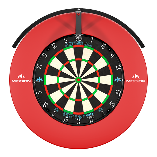 Mission Torus 120 LED Beleuchtungssystem in Schwarz ist auf diesem Bild zu sehen. Es handelt sich um ein elegantes und leistungsstarkes Beleuchtungssystem für Dartspieler.