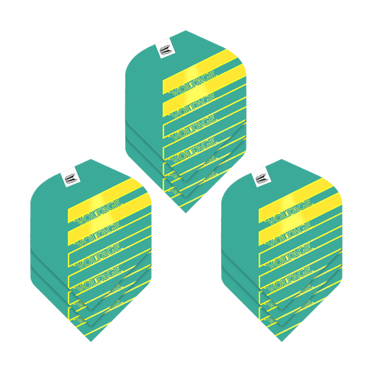 Das Bild zeigt drei Sets von Target Pro Ultra Rob Cross Aqua No2 Standard Flights. Die Flights sind türkis mit gelben Streifen und dem Schriftzug "VOLTAGE" darauf.