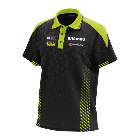 Winmau Michael Van Gerwen Stage polo shirt Das Bild zeigt das Winmau Michael Van Gerwen Stage Poloshirt. Es handelt sich um ein offizielles Poloshirt für Fans von Michael Van Gerwen.