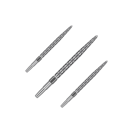 Target Swiss Diamond Pro Silver Points dart tips Das Set zeigt silberne Dartspitzen mit glänzender Oberfläche. Sie sind in einer transparenten Halterung angeordnet.