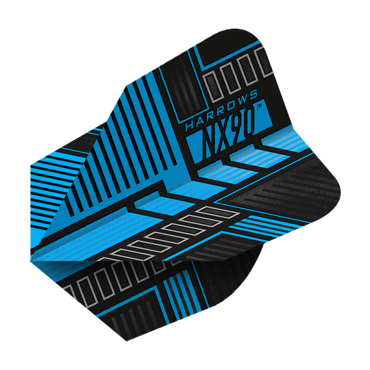 HR48_Harrows_Prime_NX90_Blue_No6_Flights_2 Das Bild zeigt die Harrows Prime NX90 Blue Flights. Die Dart-Flights sind in Blau und Schwarz mit geometrischen Mustern gestaltet.