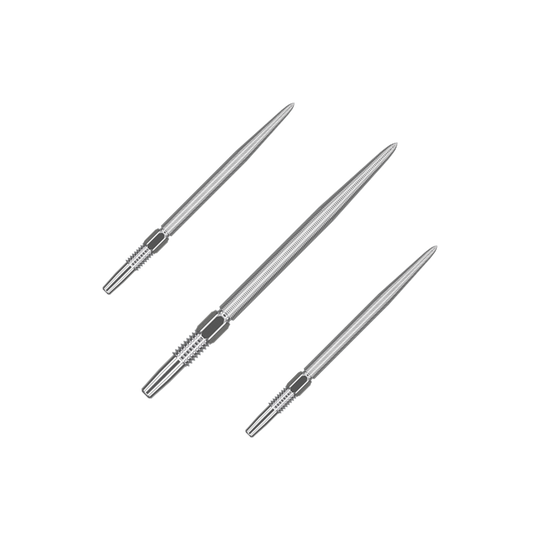 Target Swiss Point Nano Dart Tips - Silver Das Bild zeigt drei silberne Dartspitzen in einer Reihe. Jede Spitze ist schlank und hat ein feines Gewinde am unteren Ende.