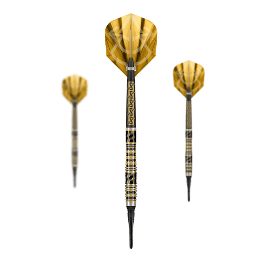 Abgebildet sind die Shot Alchemy Auro Softdarts mit 20g Gewicht. Der Fokus liegt auf dem Design und der Verarbeitung der Softdarts.