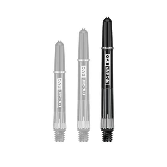 Target Pro Grip EVO Raymond Van Barneveld Chrono Titanium Shafts Auf dem Bild sind drei schwarze Dartschäfte in unterschiedlichen Längen zu sehen. Sie tragen die Aufschrift "PRO GRIP EVO" und sind aus Titan gefertigt.