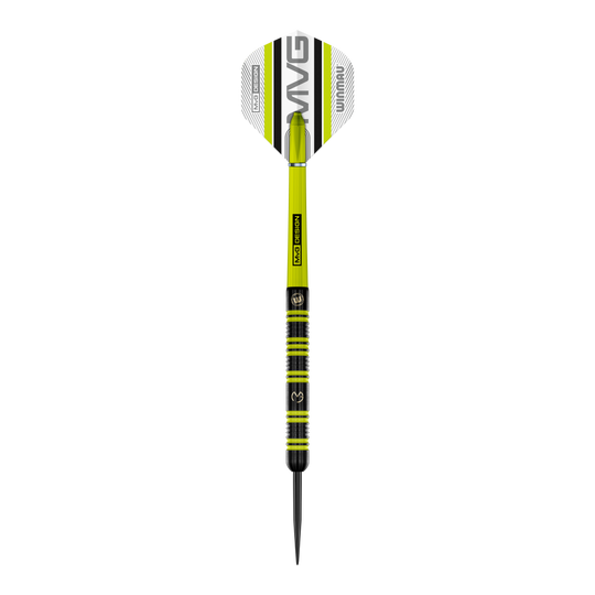 Winmau Michael Van Gerwen 85 Pro-Series steel darts Auf dem Bild ist ein Winmau Michael Van Gerwen 85 Pro-Series Steeldart zu sehen. Der Dart hat ein modernes Design mit grünen und schwarzen Akzenten sowie der Aufschrift „MVG DESIGN“ auf dem Schaft.