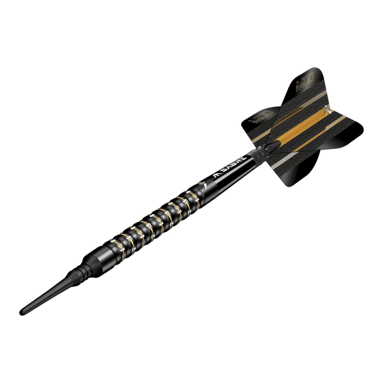 Mission Mike De Decker MDD Black Gold Soft Darts - 20g Das Bild zeigt einen schwarzen Softdartpfeil mit goldenen Akzenten. Auf der Flight steht "MDD" und der Pfeil wirkt hochwertig und modern.