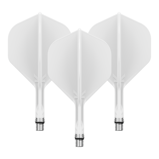 Target K-Shift No2 Standard Flights - White Dieses Bild zeigt ein Set aus weißen Dart Flights. Die Flights scheinen die Größe 19 mm zu haben.