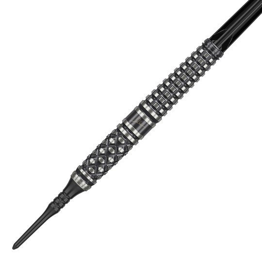Target Japan Paul Lim The Legend GEN8 Soft Darts - 19g Das Bild zeigt einen "Target Japan Paul Lim The Legend GEN8 Softdart" mit 19g Gewicht. Der Dart hat ein markantes, schwarzes Design mit silbernen Rillen und einem strukturierten Griff.