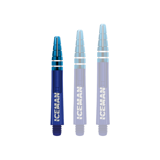 C810_Red_Dragon_Nitrotech_Gerwyn_Price_Blue_Shafts_36mm_1bW1ak37GQVIvd Das Bild zeigt drei blaue Dartschäfte mit silbernen Ringen. Auf den Schäften steht das Wort "ICEMAN" in weißen Buchstaben.