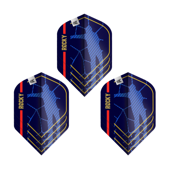Target Pro Ultra Josh Rock GEN1 No2 Standard Flights - 3 Sets Das Bild zeigt drei Sätze der Target Pro Ultra Josh Rock GEN1 No2 Standard Flights. Die Flights sind dunkelblau mit goldenen, roten und blauen Akzenten sowie dem Schriftzug "ROCKY".