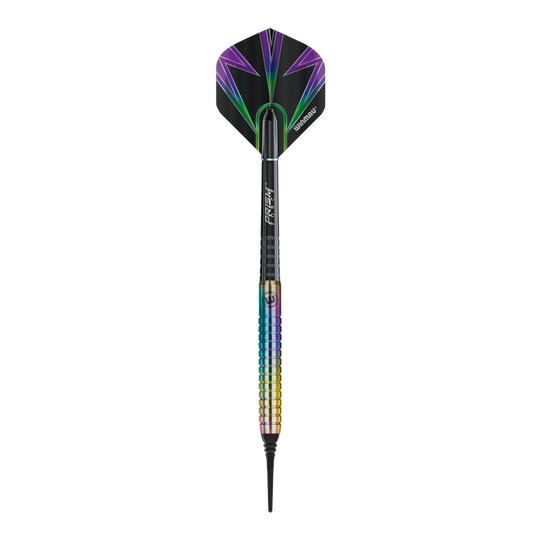 Winmau Foxfire Urban Soft Darts - 20g Das Bild zeigt den Winmau Foxfire Urban Softdart mit einem Gewicht von 20g. Der Dartpfeil hat ein farbenfrohes Design mit schwarzen, lila und grünen Akzenten.