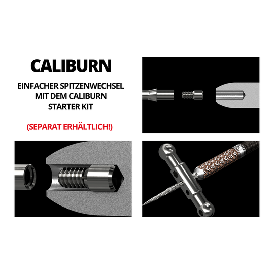 Caliburn System steel dart tips - Ripple - NoLip - silver Das Bild zeigt das Produkt "Caliburn System Spigot - 2,33 mm" mit detaillierten technischen Zeichnungen. Es ist darauf hingewiesen, dass das Produkt separat erhältlich ist.