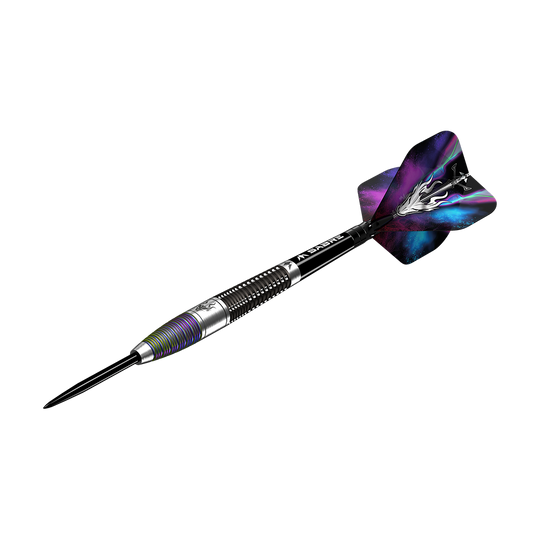 M001317_Mission_Occult_Steeldarts_4 Dies ist der Mission Occult Steeldart mit einem Gewicht von 23 Gramm. Er hat einen metallischen Schaft und bunte, dekorative Flights.